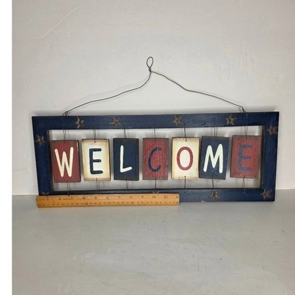 Rustic Americana Wood Welcome Sign Patriotic Red White Blue Star Wall Decor 20in